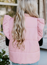 Load image into Gallery viewer, Pre-Order Pink Stand Neck Flutter Sleeve Snap Button Puffer Vest