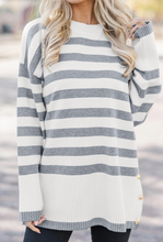 Load image into Gallery viewer, Pre-Order Stripe Ribbed Buttoned Detail Drop Shoulder Tunic Sweater