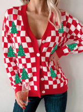 Load image into Gallery viewer, Pre-Order Checkered Christmas Tree Pattern Button V Neck Cardigan Sweate