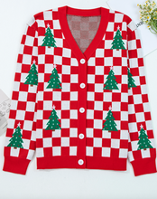 Load image into Gallery viewer, Pre-Order Checkered Christmas Tree Pattern Button V Neck Cardigan Sweate