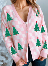 Load image into Gallery viewer, Pre-Order Checkered Christmas Tree Pattern Button V Neck Cardigan Sweate