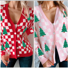 Load image into Gallery viewer, Pre-Order Checkered Christmas Tree Pattern Button V Neck Cardigan Sweate