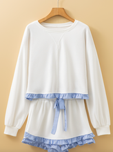 Load image into Gallery viewer, Pre-Order Plaid Ruffled Patchwork Drop Shoulder Pullover and Drawstring Elastic Waist Shorts Matching Sets