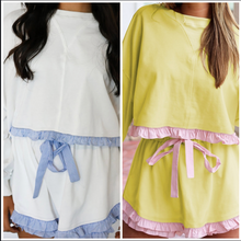 Load image into Gallery viewer, Pre-Order Plaid Ruffled Patchwork Drop Shoulder Pullover and Drawstring Elastic Waist Shorts Matching Sets