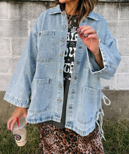 Load image into Gallery viewer, Pre-Order Beau Blue Multi Patched Pockets Side Tie up Boyfriend Style Denim Jacket