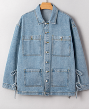 Load image into Gallery viewer, Pre-Order Beau Blue Multi Patched Pockets Side Tie up Boyfriend Style Denim Jacket