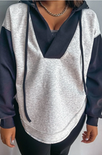 Load image into Gallery viewer, Pre-Order Light Grey Color Block Patchwork V Neck Drawstring Hoodie