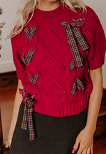Load image into Gallery viewer, Pre-Order Red Plaid Lace up Detail Christmas Holiday Puff Short Sleeve Sweate