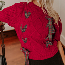 Load image into Gallery viewer, Pre-Order Red Plaid Lace up Detail Christmas Holiday Puff Short Sleeve Sweate