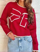 Load image into Gallery viewer, Pre-Order Contrast Trim Big Bow Accent Holiday Cropped Sweater