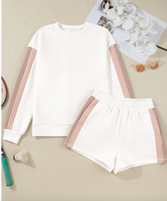 Load image into Gallery viewer, Pre-Order White Color Block Patchwork Drop Shoulder Pullover Casual Shorts 2pcs Outfit