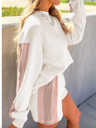 Pre-Order White Color Block Patchwork Drop Shoulder Pullover Casual Shorts 2pcs Outfit