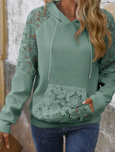 Load image into Gallery viewer, Pre-Order Smoke Green Lace Patchwork Raglan Sleeve Kangaroo Pocket Waffle Hoodie