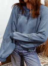 Load image into Gallery viewer, Pre-Order  Lace Patchwork Detail Notched Neck Mineral Wash Baggy Sweatshirt