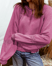 Load image into Gallery viewer, Pre-Order  Lace Patchwork Detail Notched Neck Mineral Wash Baggy Sweatshirt