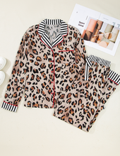Load image into Gallery viewer, Pre-Order Khaki Leopard Print Colorblock Striped Edge Shirt and Pants Pajama Set