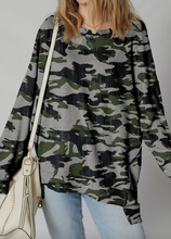 Load image into Gallery viewer, Pre-Order Green Retro Camouflage Print Exposed Seam Patchwork Drop Shoulder Sweatshirt