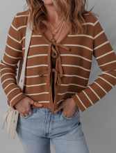 Load image into Gallery viewer, Pre-Order Chestnut Tie Front Striped Knit V Neck Cardigan Sweater