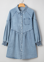 Load image into Gallery viewer, Pre-Order Blue Smocked Cuffs Flared Denim Shirt Mini Dress
