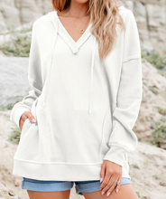 Load image into Gallery viewer, Pre-Order Oversize Waffle Drop Shoulder Exposed Seam V Neck Hoodie with Pockets