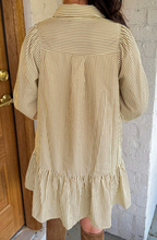Load image into Gallery viewer, Pre-Order Brown Stripe Collared Neck Cuffed Long Sleeve Drop Waist Mini Dress
