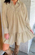 Load image into Gallery viewer, Pre-Order Brown Stripe Collared Neck Cuffed Long Sleeve Drop Waist Mini Dress