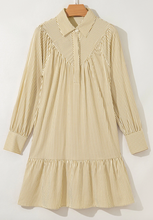 Load image into Gallery viewer, Pre-Order Brown Stripe Collared Neck Cuffed Long Sleeve Drop Waist Mini Dress