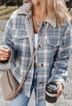 Load image into Gallery viewer, Pre-Order Sky Blue Stripe Sherpa Collar Cuffs Patchwork Plaid Shirt Jacket with Chest Pocket