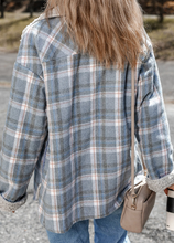 Load image into Gallery viewer, Pre-Order Sky Blue Stripe Sherpa Collar Cuffs Patchwork Plaid Shirt Jacket with Chest Pocket