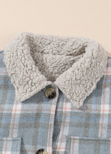 Load image into Gallery viewer, Pre-Order Sky Blue Stripe Sherpa Collar Cuffs Patchwork Plaid Shirt Jacket with Chest Pocket