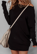 Load image into Gallery viewer, Pre-Order Black Asymmetric Neck Batwing Sleeve Shift Mini Sweater Dress