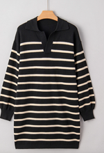 Load image into Gallery viewer, Pre-Order Black Stripe Polo Collar Puff Sleeve Sweater Mini Dress