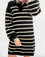Load image into Gallery viewer, Pre-Order Black Stripe Polo Collar Puff Sleeve Sweater Mini Dress