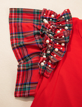 Load image into Gallery viewer, Racing Red Plaid Pearl Ruffle Short Sleeve Loose T Shirt