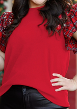 Load image into Gallery viewer, Racing Red Plaid Pearl Ruffle Short Sleeve Loose T Shirt