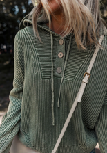 Load image into Gallery viewer, Pre-Order Mist Green Mineral Wash Ribbed Knit Button Drawstring Neck Hooded Sweater