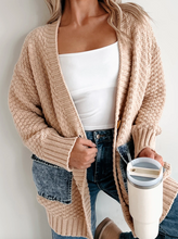 Load image into Gallery viewer, Pre-Order Open Front Knitted Denim Pocket Patchwork Cardigan