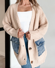 Load image into Gallery viewer, Pre-Order Open Front Knitted Denim Pocket Patchwork Cardigan