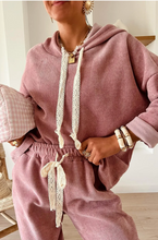 Load image into Gallery viewer, Pre-Order Rose Tan Lace Drawstring Pullover Hoodie and High Waist Pants Corduroy Suit