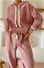 Load image into Gallery viewer, Pre-Order Rose Tan Lace Drawstring Pullover Hoodie and High Waist Pants Corduroy Suit