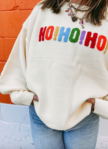 Pre-Order White HOHOHO MERRY CHRISTMAS Chenille Graphic Drop Shoulder Holiday Sweater