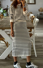 Load image into Gallery viewer, Pre-Order Black Stripe Ribbed Trim Button Cuff Long Sleeve Top Midi Skirt 2pcs Outfit