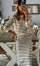 Load image into Gallery viewer, Pre-Order Black Stripe Ribbed Trim Button Cuff Long Sleeve Top Midi Skirt 2pcs Outfit