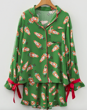 Load image into Gallery viewer, Pre-Order  Green Christmas Candy Contrast Trim Bow Knot Silky 2pcs Pajama Set