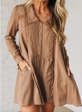 Load image into Gallery viewer, Pre-Order Straw Yellow Lace Trim Peter Pan Collar Long Sleeve Mini Shirt Dress