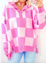 Load image into Gallery viewer, Pre-Order Pink Checkerboard Half Button Collared Drop Shoulder Sweater