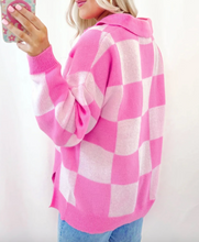 Load image into Gallery viewer, Pre-Order Pink Checkerboard Half Button Collared Drop Shoulder Sweater