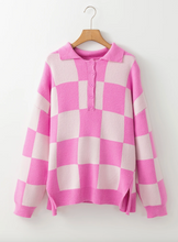 Load image into Gallery viewer, Pre-Order Pink Checkerboard Half Button Collared Drop Shoulder Sweater