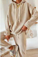 Load image into Gallery viewer, Pre-Order Beige Lace Drawstring Pullover Hoodie and High Waist Pants Corduroy Suit (Copy)