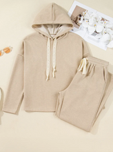 Load image into Gallery viewer, Pre-Order Beige Lace Drawstring Pullover Hoodie and High Waist Pants Corduroy Suit (Copy)